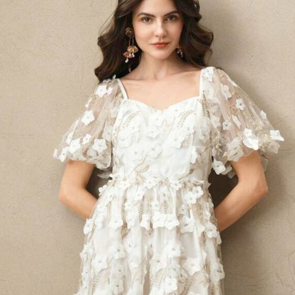 NWT ANEWSTA FLORAL WHITE GOLD ROMANTIC MIDI DRESS ELEGANT ETHEREAL BLOOMCORE MED - Picture 5 of 10